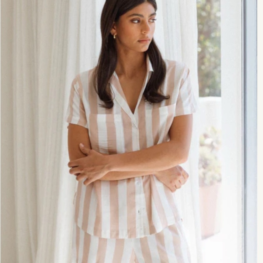 White and Tan Pajama Set with Classic Design